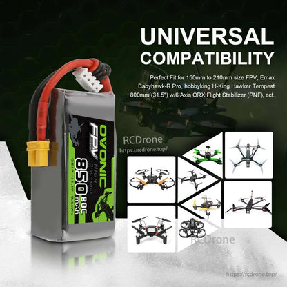 Universal compatibility graphic showing Ovonic 850mAh 3S LiPo battery with FPV drone applications