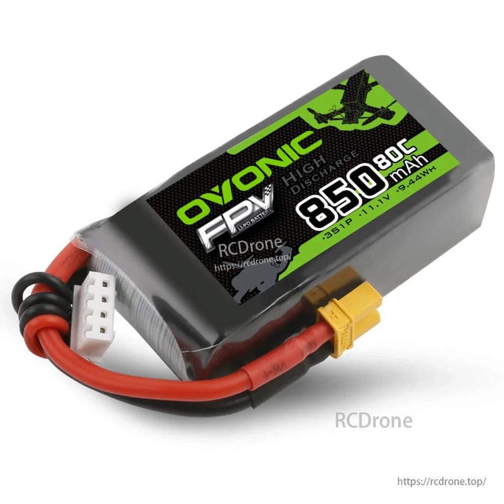 Close-up of Ovonic FPV 850mAh 80C 3S LiPo battery label with XT30 connector and balance plug