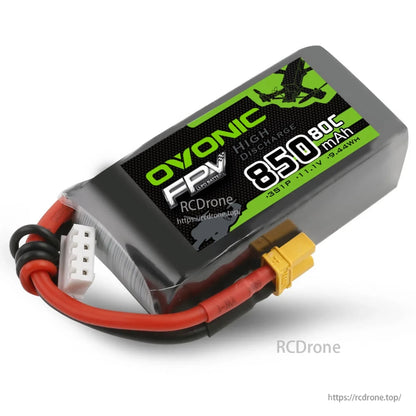 Close-up of Ovonic FPV 850mAh 80C 3S LiPo battery label with XT30 connector and balance plug