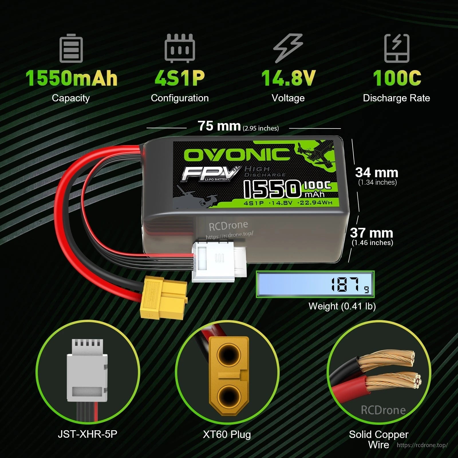 Ovonic 4S LiPo battery specs graphic: 1550mAh, 14.8V, 100C, 75×34×37mm, 187g, XT60