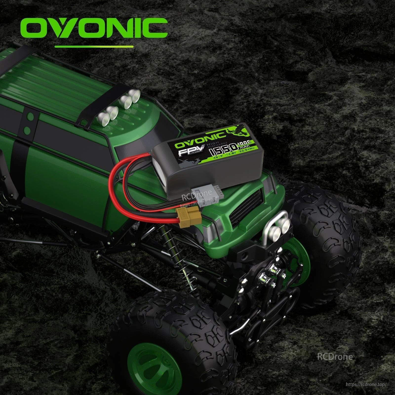 Ovonic 4S 1550mAh LiPo battery with XT60 connector placed on an RC off-road vehicle
