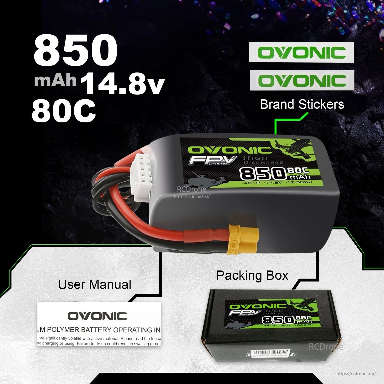 Ovonic 4S 850mAh 14.8V 80C LiPo packaging contents with manual, box, and brand stickers