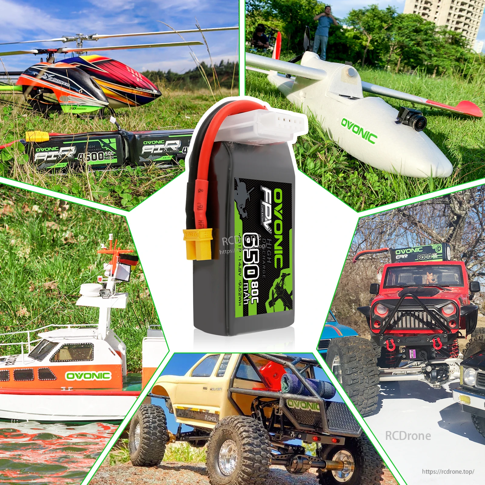 Ovonic 650mAh 4S LiPo battery featured with RC model collage, highlighting common high-discharge power uses