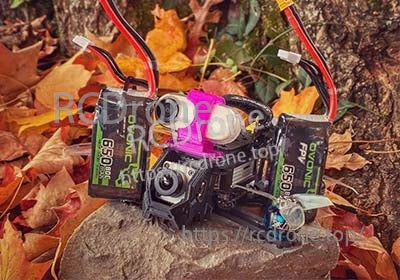 Two Ovonic FPV 650mAh 4S 80C LiPo batteries on a compact FPV drone, showing balance and XT30 leads