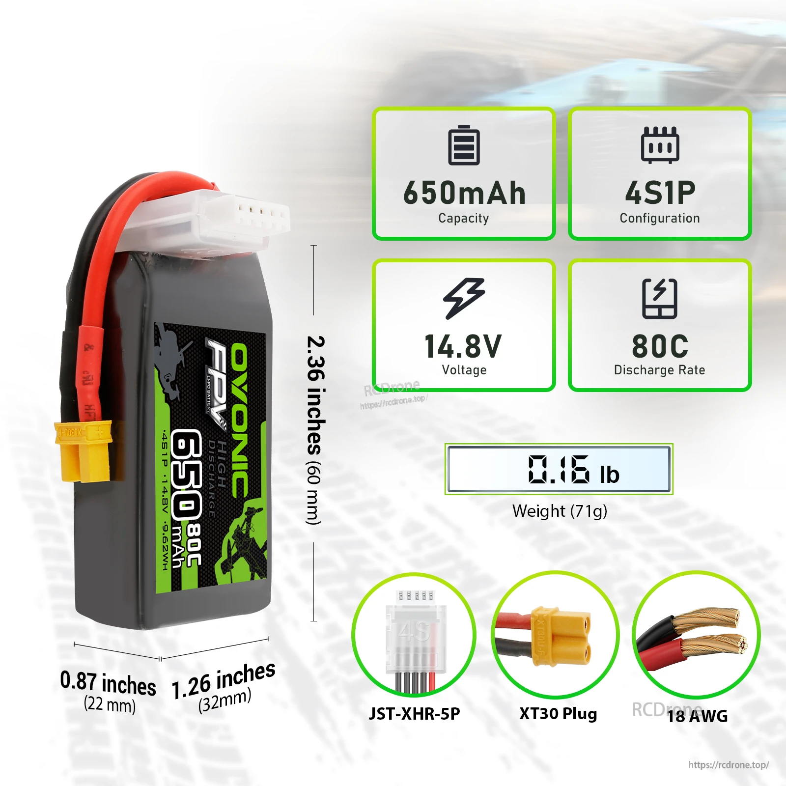 Ovonic FPV 650mAh 4S 14.8V 80C LiPo specs with dimensions, XT30 discharge plug and JST-XHR-5P balance connector