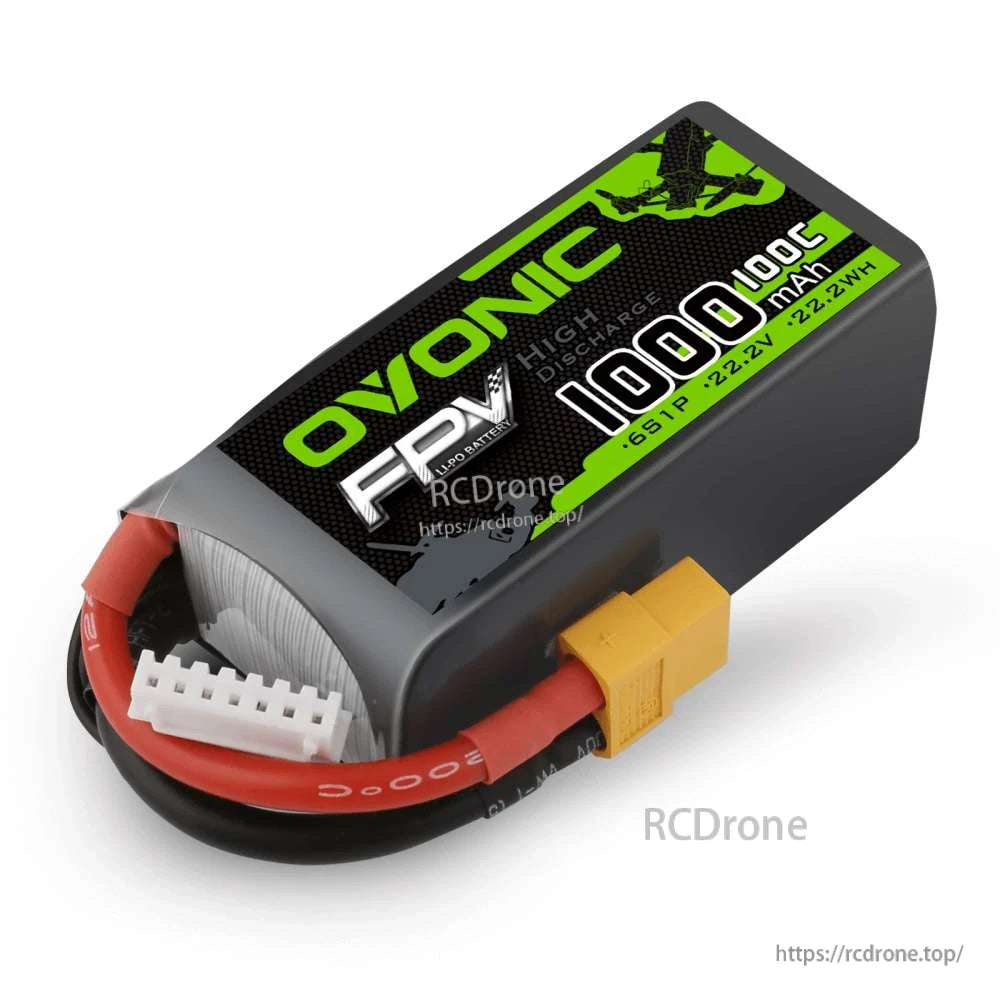 Single Ovonic FPV 6S 1000mAh 100C LiPo battery close-up showing XT60 connector and balance plug