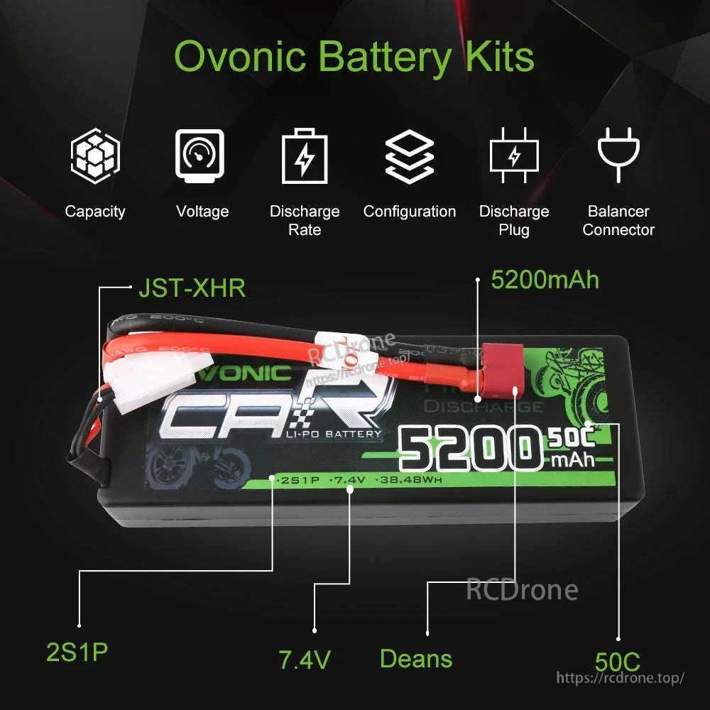 Ovonic 2S hard case LiPo battery spec graphic: 5200mAh 7.4V 50C, Deans plug, JST-XHR balance lead