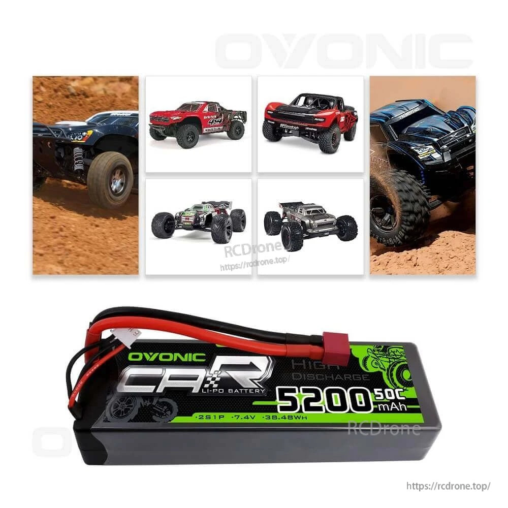 Ovonic hardcase 2S LiPo pack with RC car collage for 1/10 and 1/8 scale applications