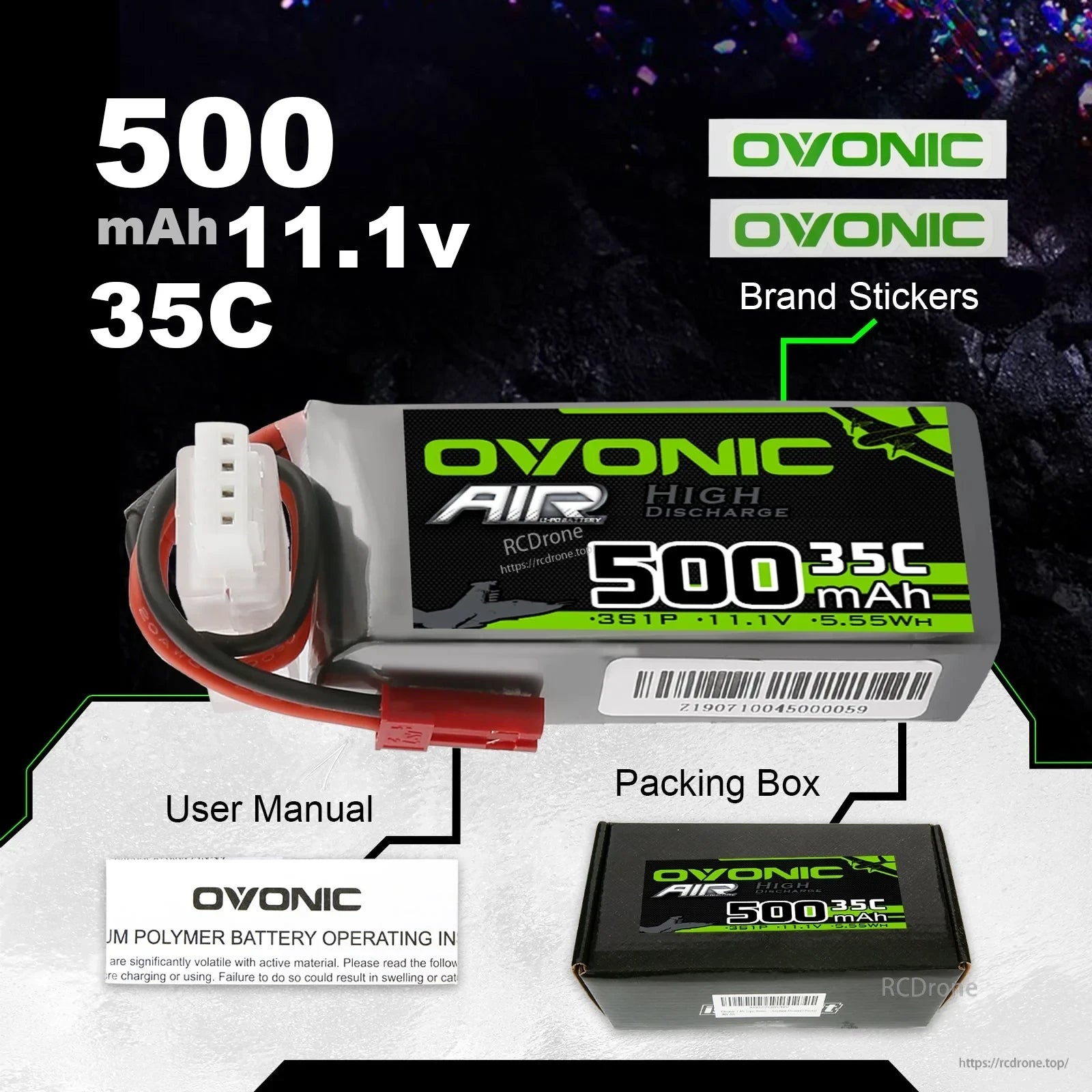Ovonic 4-Pack 500mAh 11.1V 35C 3S LiPo Battery set with brand stickers, user manual, and packing box