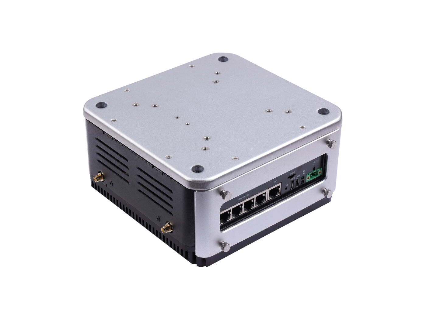reServer Industrial J4011 Fanless AI NVR Server, Jetson Orin NX 8GB (70 TOPS), 5x RJ45 GbE PoE, dual 2.5" SATA bays