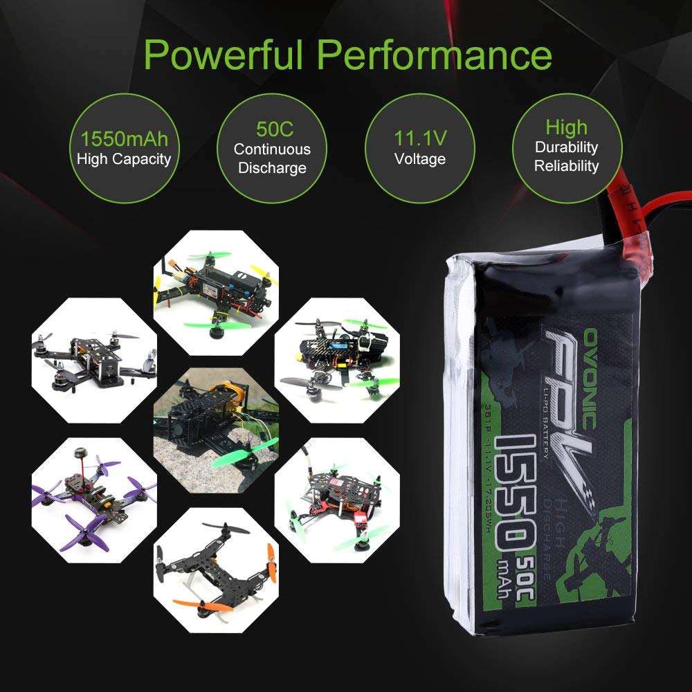 OVONIC FPV 1550mAh 50C 11.1V LiPo performance graphic with example FPV drone builds