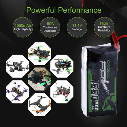 OVONIC FPV 1550mAh 50C 11.1V LiPo performance graphic with example FPV drone builds