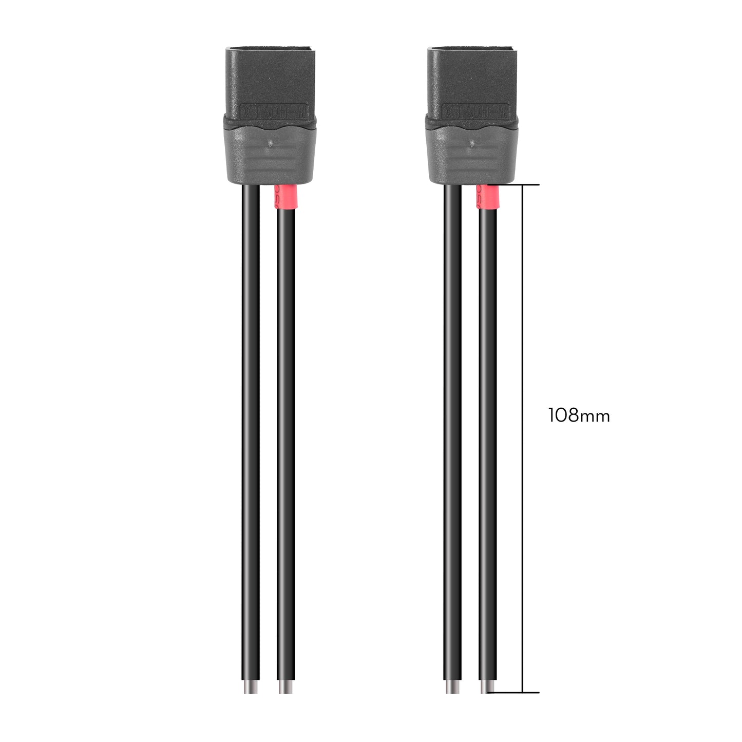 Two black XT60H power connector pigtails with long black leads, marked 108mm cable length