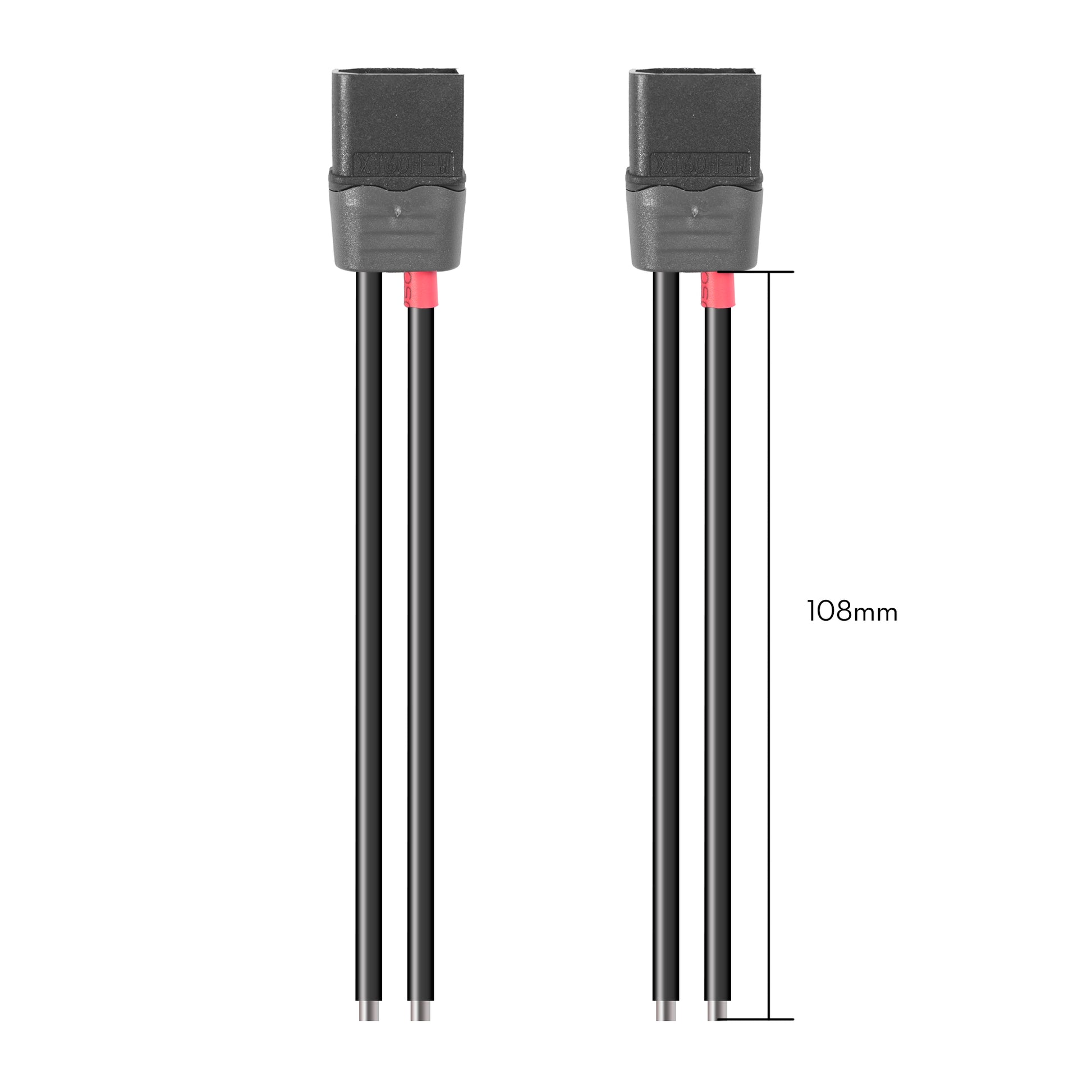 Two black XT60H power connector pigtails with long black leads, marked 108mm cable length