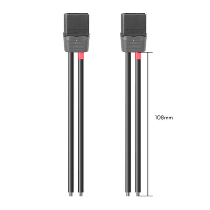 Two black XT60H power connector pigtails with long black leads, marked 108mm cable length