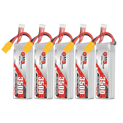 Five GNB 3500mAh LiPo batteries shown in a row with yellow XT90 connectors and balance plugs