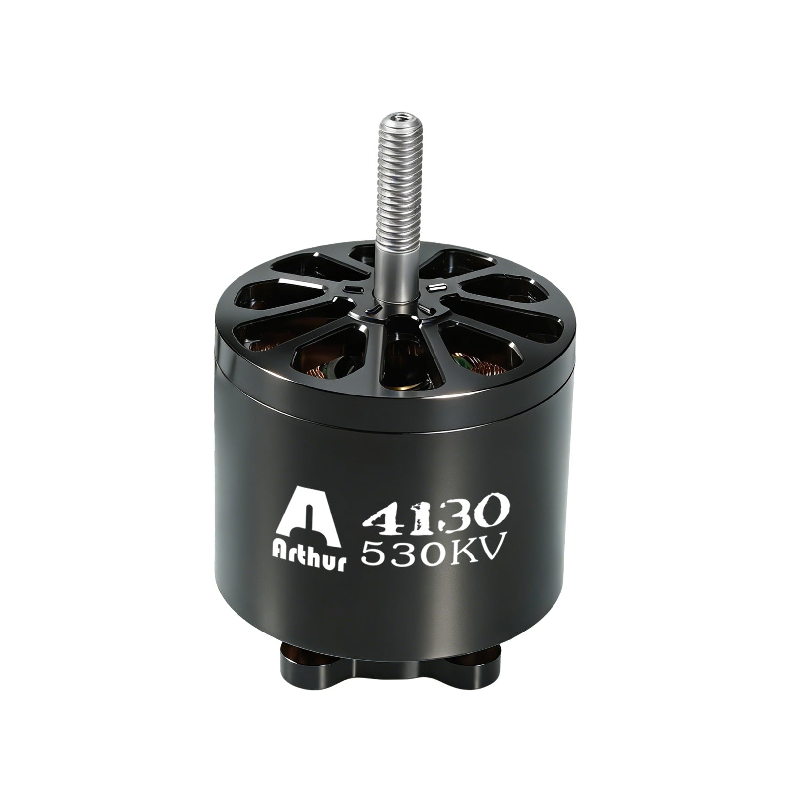 Flashhobby A4130 530KV Brushless Motor, Flashhobby A4130 530KV brushless outrunner motor with black housing, vented top, and long threaded shaft