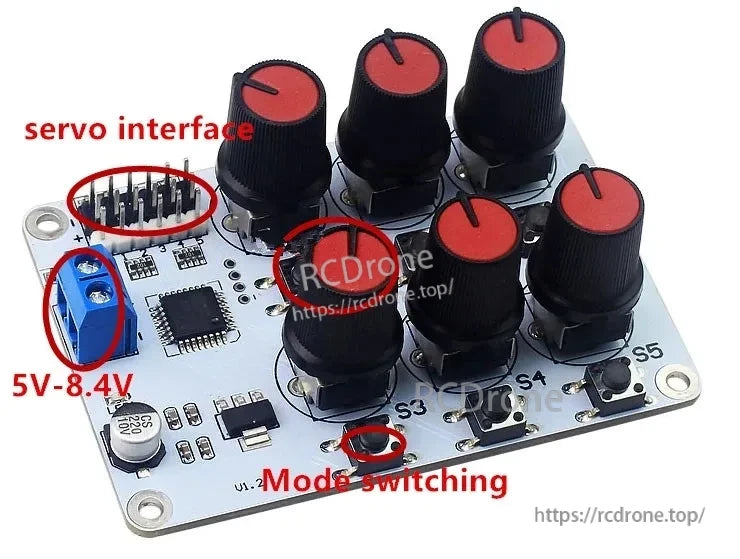 5 DOF Robot Hand, Servo interface with 5V–8.4V power, mode button, six red-knob pots (S3–S5), on v1.2 PCB.