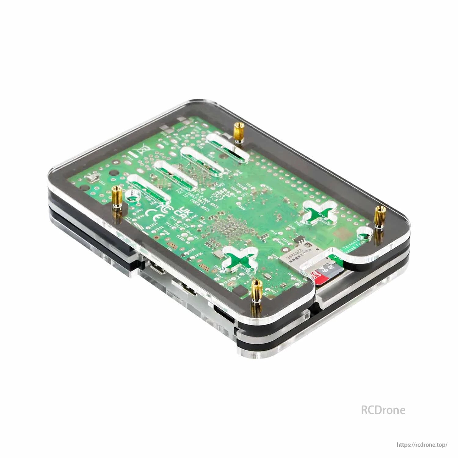 Underside view of Raspberry Pi 5 mounted in layered acrylic case with brass standoffs and corner screws