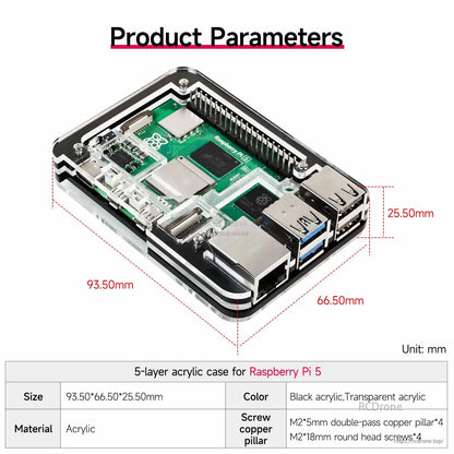 5-Layer Acrylic Case for Raspberry Pi 5 with dimensions shown (93.50 × 66.50 × 25.50 mm)