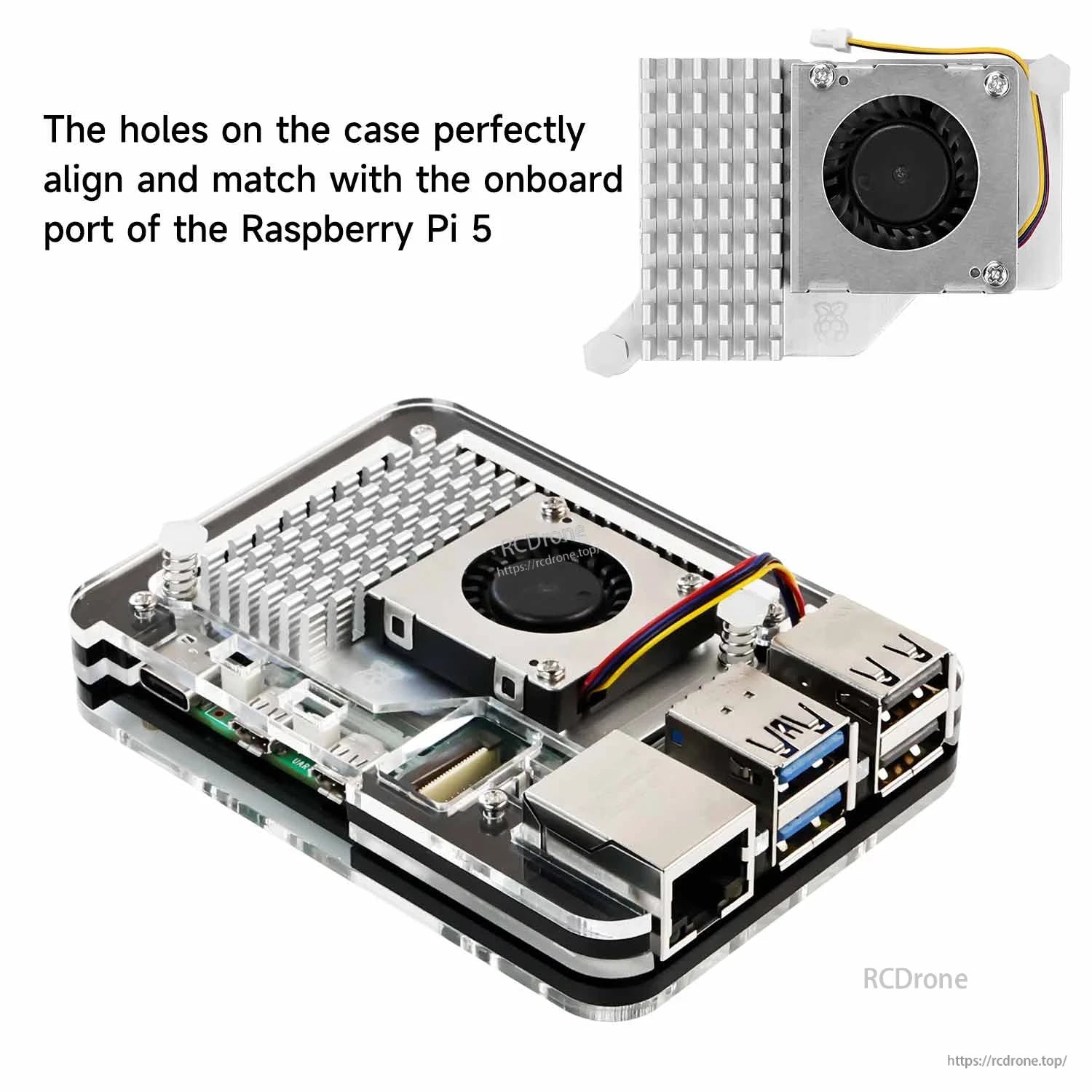 Raspberry Pi 5 installed in acrylic case with fan and heatsink, showing aligned USB and Ethernet cutouts