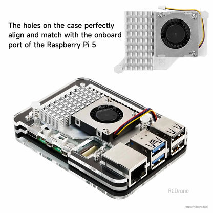 Raspberry Pi 5 installed in acrylic case with fan and heatsink, showing aligned USB and Ethernet cutouts