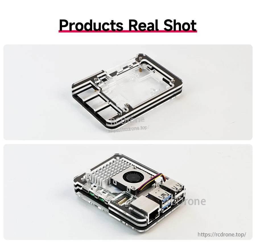 Real product photos of the : empty frame and assembled enclosure with board and cooler installed.