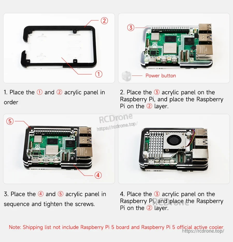 Step-by-step assembly guide for installing Raspberry Pi 5 into the 5-layer acrylic case and tightening screws.