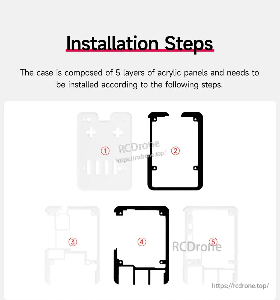 Exploded view of the five acrylic layers, showing the order of panels used to assemble the enclosure.