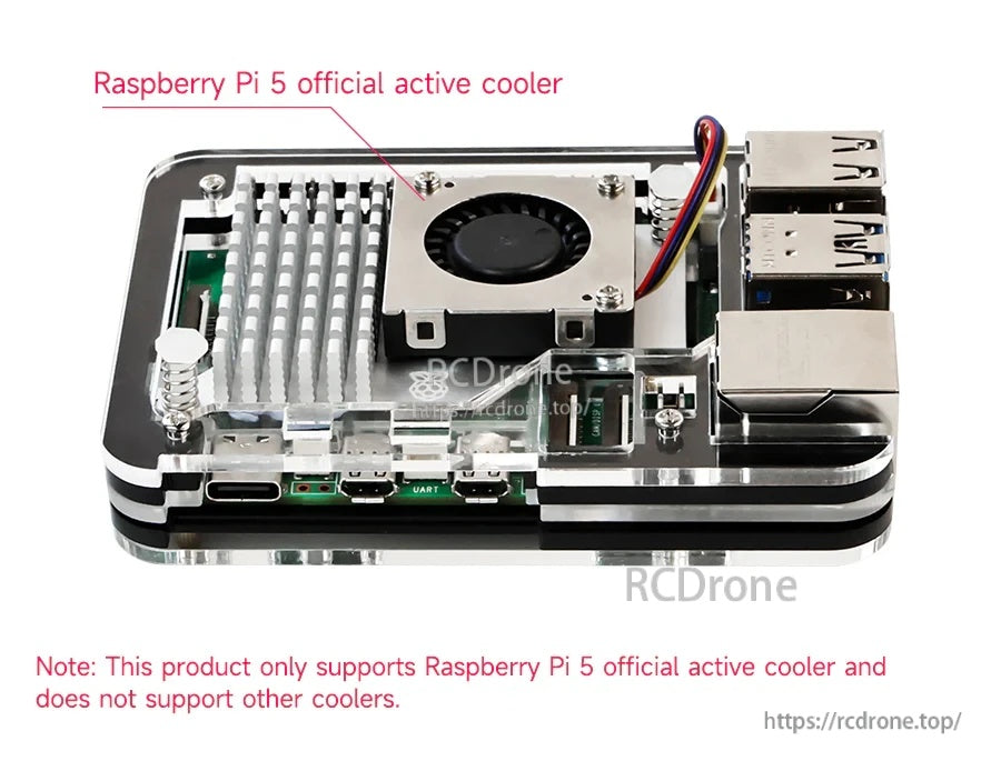 Side view of assembled case with Raspberry Pi 5 official active cooler installed; note compatibility with official cooler only.