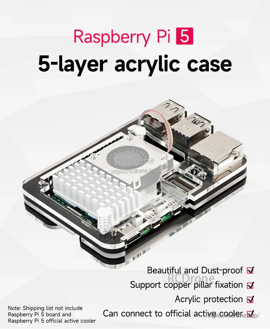 5-layer acrylic case for Raspberry Pi 5, transparent stacked enclosure with port cutouts and space for official active cooler.