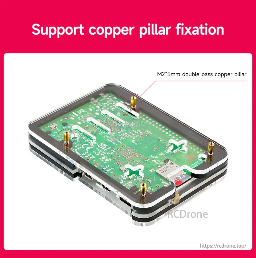 Underside view showing M2×5 mm double-pass copper pillars used to fix the board securely inside the case.