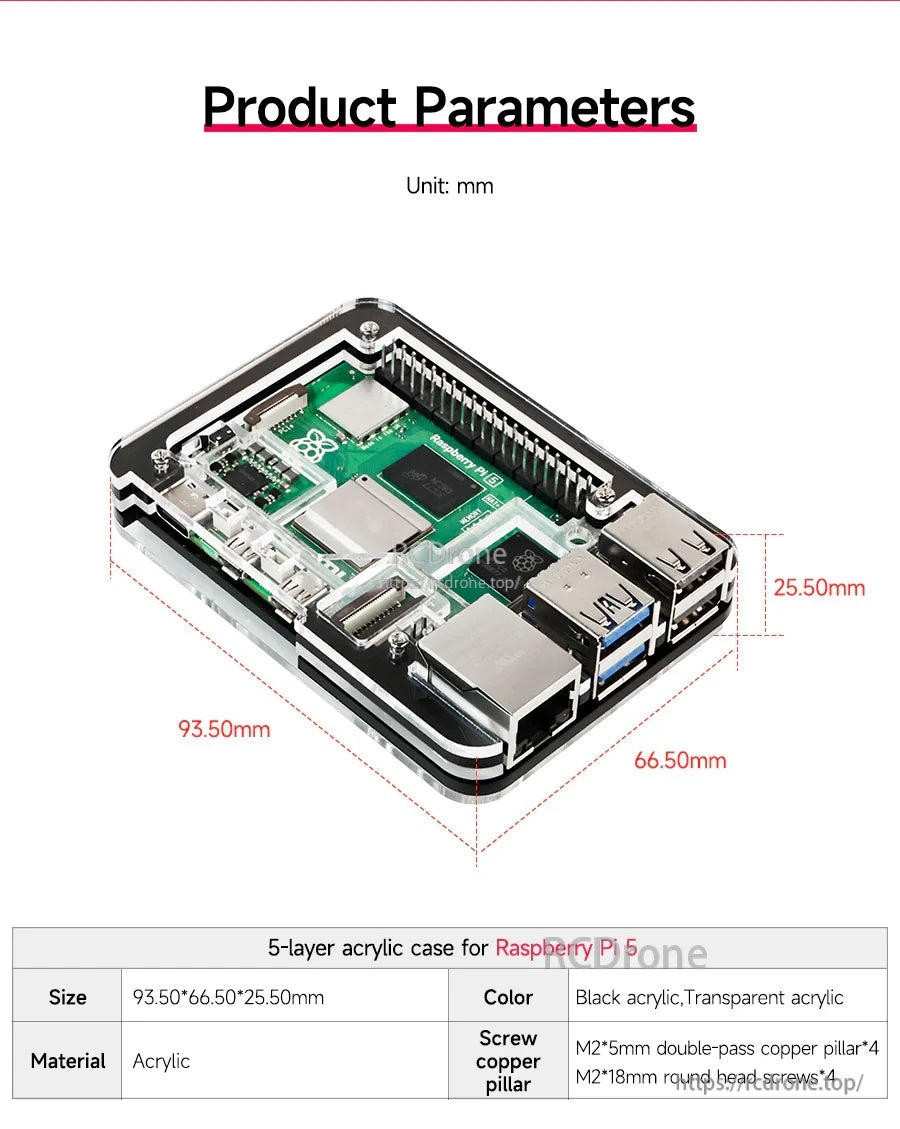 Product parameters image with overall dimensions 93.5×66.5×25.5 mm and acrylic material notes.
