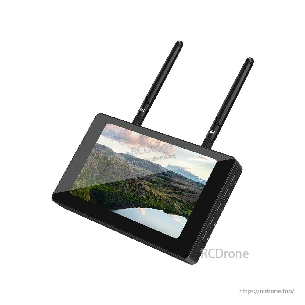 5-inch IPS FPV monitor with dual antennas, black bezel screen, and side control buttons