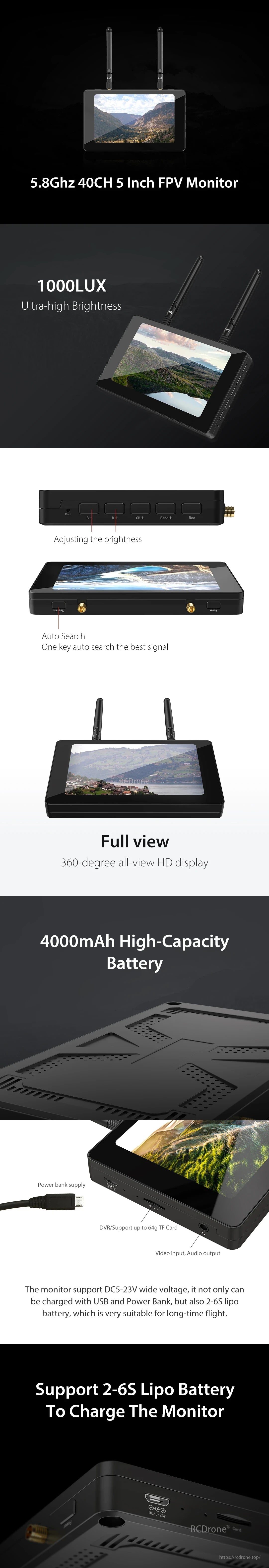 5" IPS Monitor DVR 5.8G 40CH Built In Receiver Battery