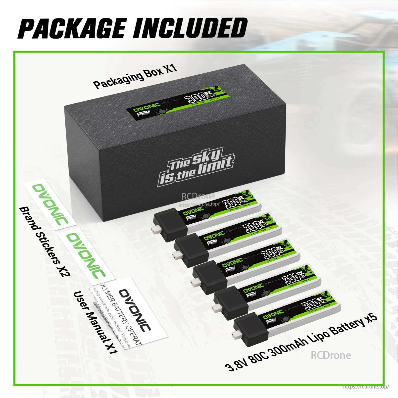 Package contents: 5× OVONIC 3.8V 300mAh 80C LiHV 1S batteries with BT2.0, plus box, manual, and stickers