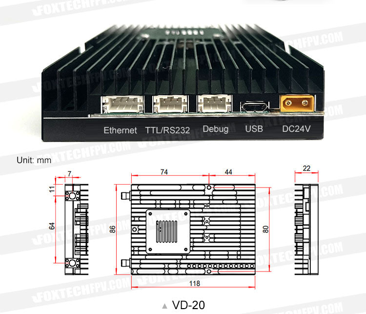 Foxtech VD-150, Ethernet TTLRS232 Debug USB DC24V Unit: mm Oood