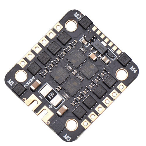 JHEMCU EM-40A 40A 4-in-1 ESC board, angled close-up showing MOSFET layout and solder pads