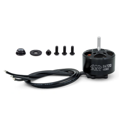 BAT B4720 480KV brushless motor with motor wires, prop hardware, and mounting screws