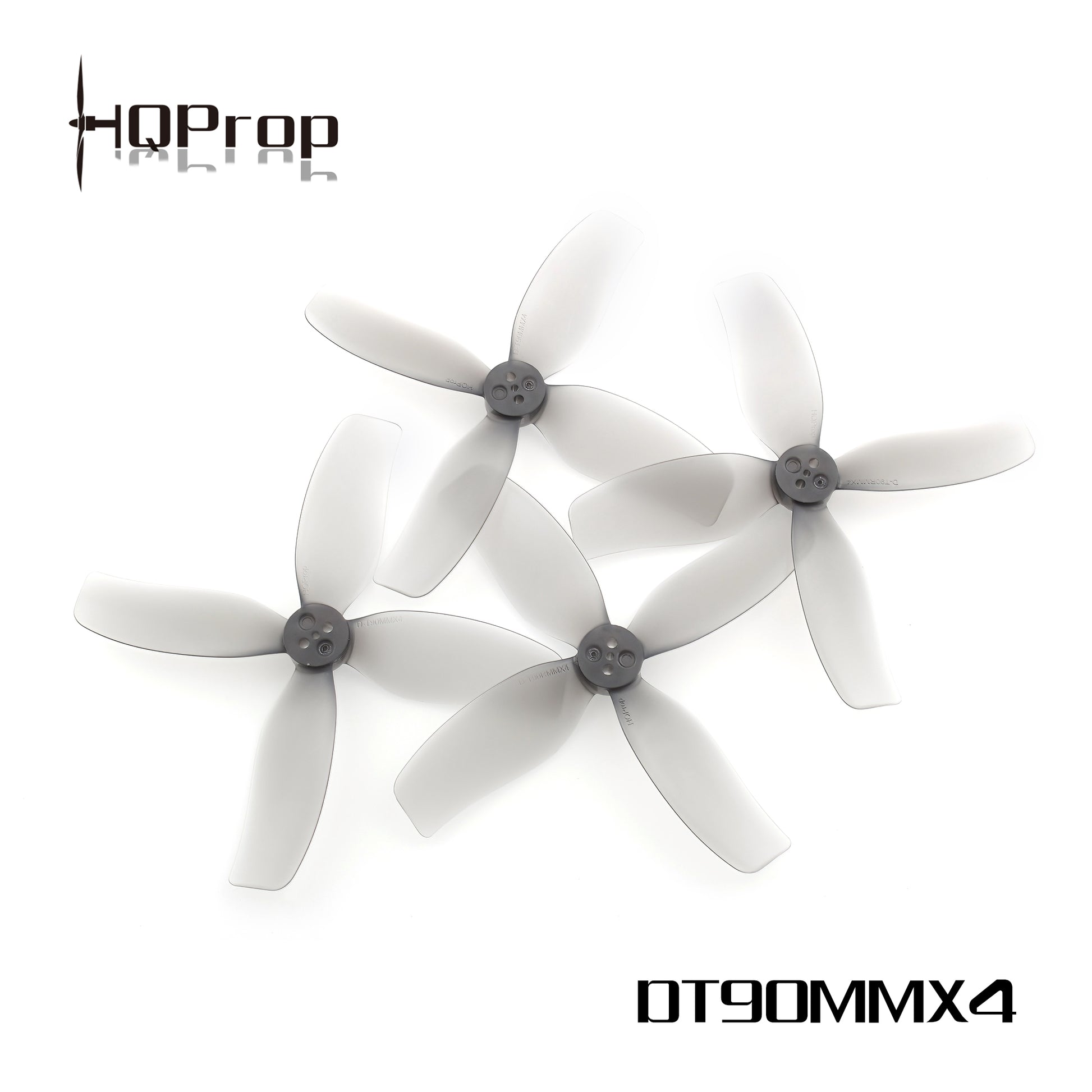 Four grey 4-blade DT90MMX4 cinewhoop propellers with HQProp branding on white background