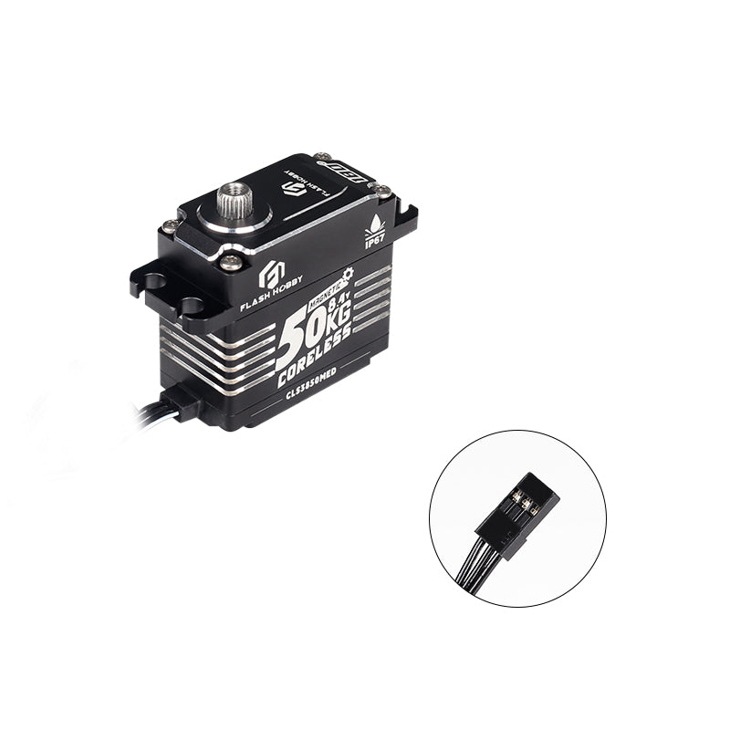 Flashhobby CLS3850MED 50KG 8.4V CLS Servo, Flashhobby CLS3850MED 50KG coreless servo with metal case, spline output shaft, and 3-wire connector lead