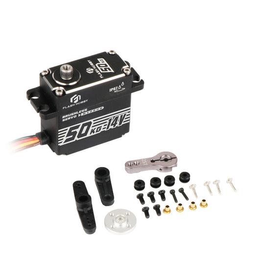 Flashhoby M50BHW brushless servo with 50KG 14V label, IP67 marking, and included horns, arm, and screws