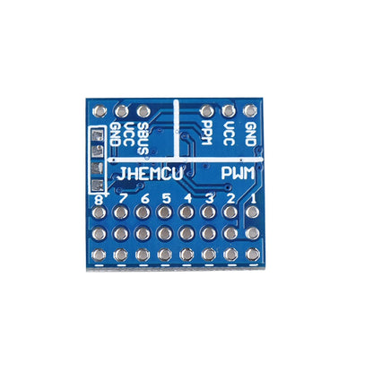 Top view of JHEMCU SPP receiver signal interchanger PCB with SBUS, PPM, VCC and GND pad labels