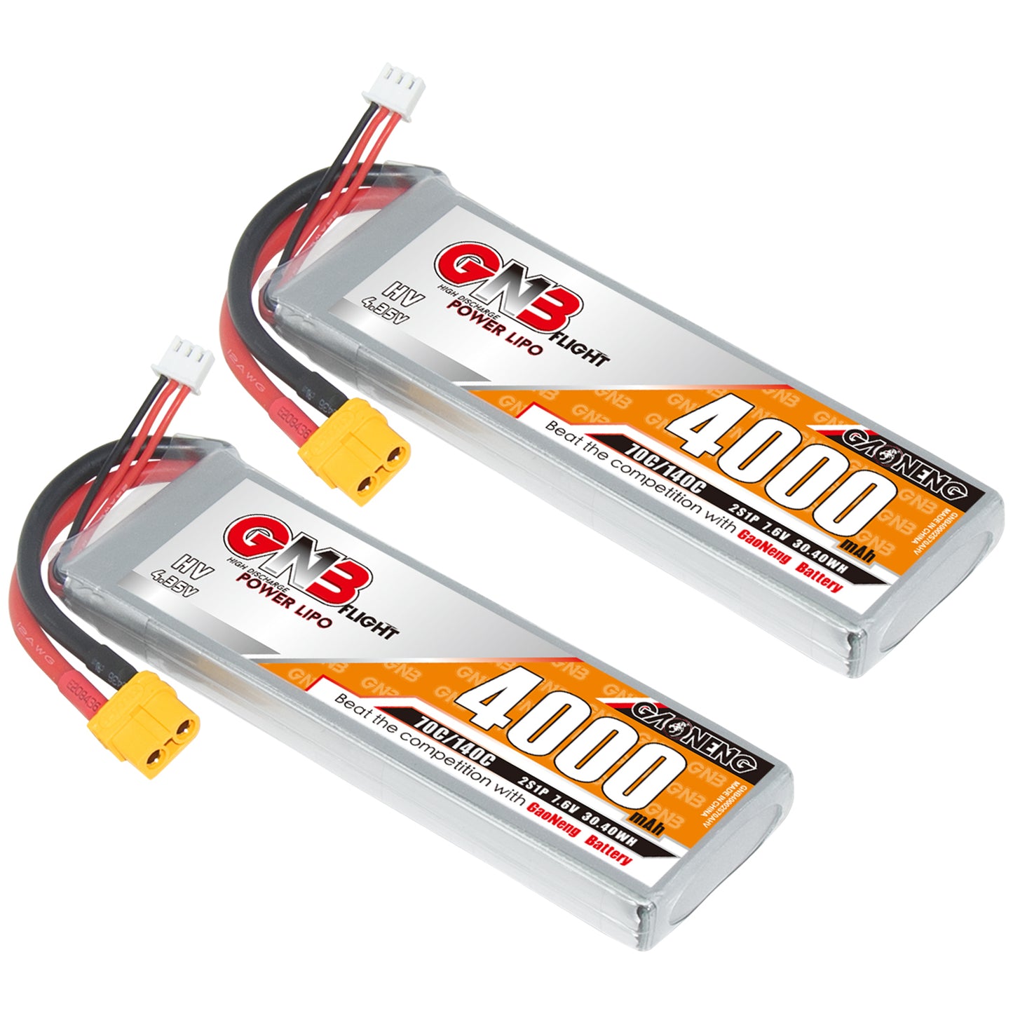 Pair of 4000mAh 2S LiHV LiPo batteries angled front view with XT60 plugs and balance leads