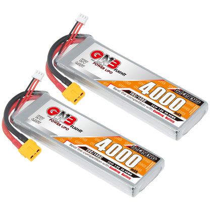 Pair of 4000mAh 2S LiHV LiPo batteries angled front view with XT60 plugs and balance leads