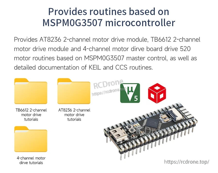 MSPM0G3507 microcontroller development board with USB connector, header pins, and motor driver routine resources