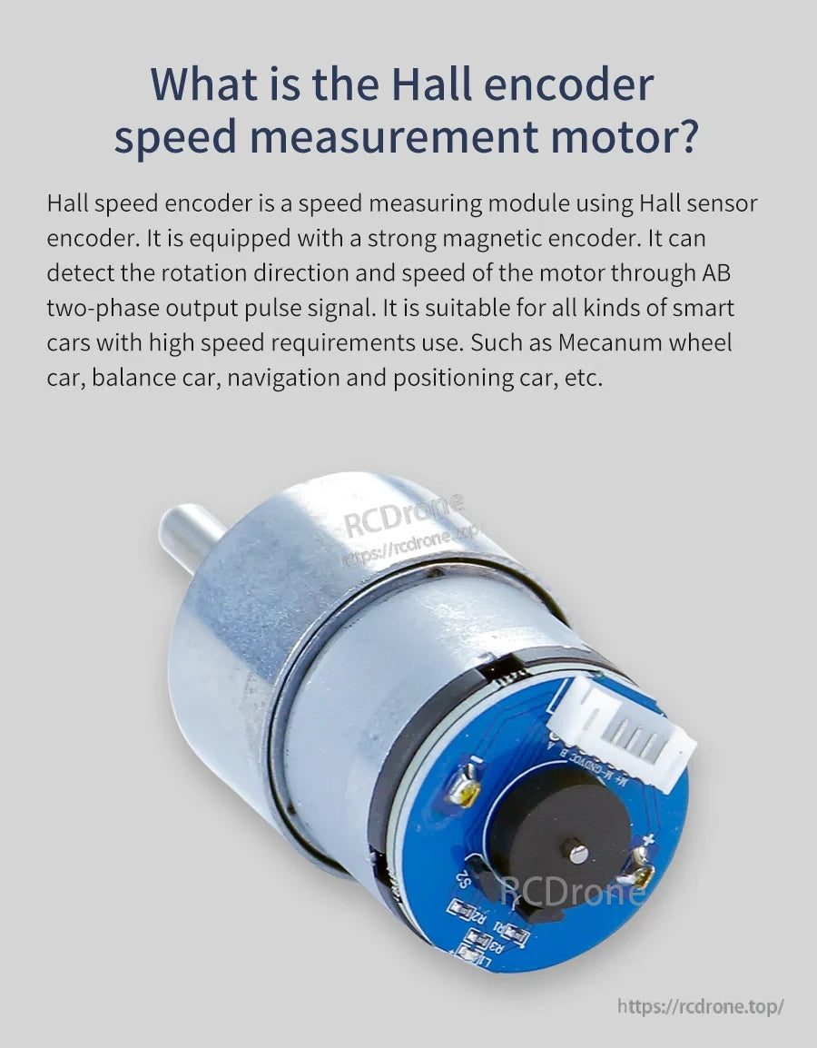 Explanation card: what a Hall encoder speed measurement motor is, with close-up of encoder PCB and connector