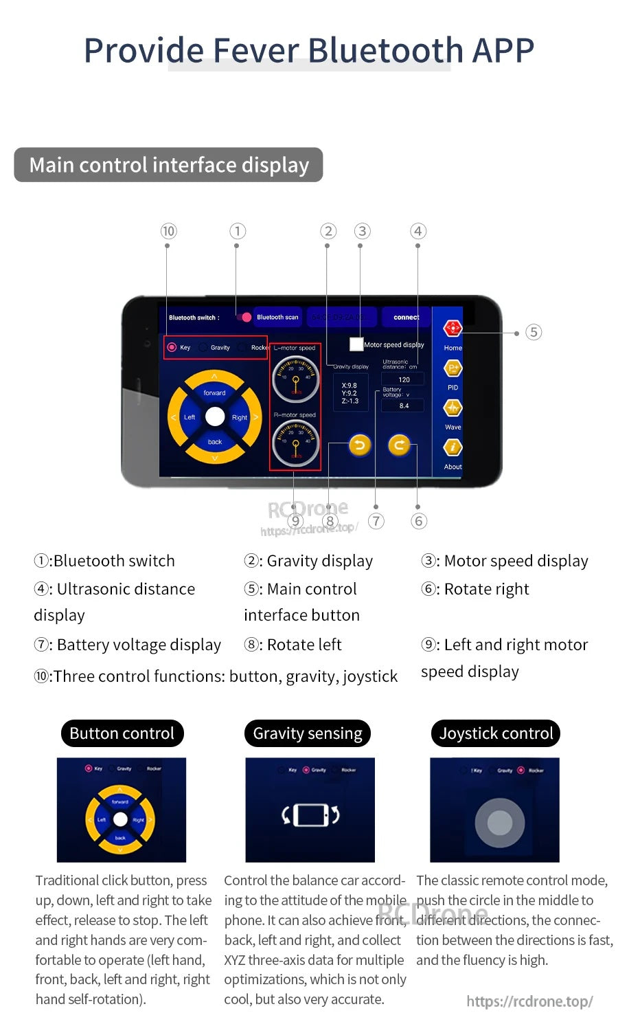 Fever Bluetooth app control screen with joystick, gravity sensing, motor speed and battery voltage displays