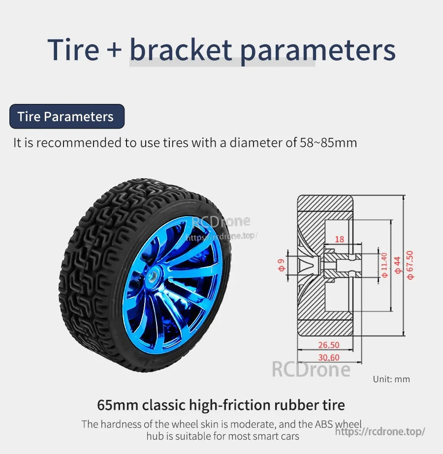 Tire and bracket parameters graphic recommending 58–85mm wheel diameter and a 65mm high-friction rubber tire