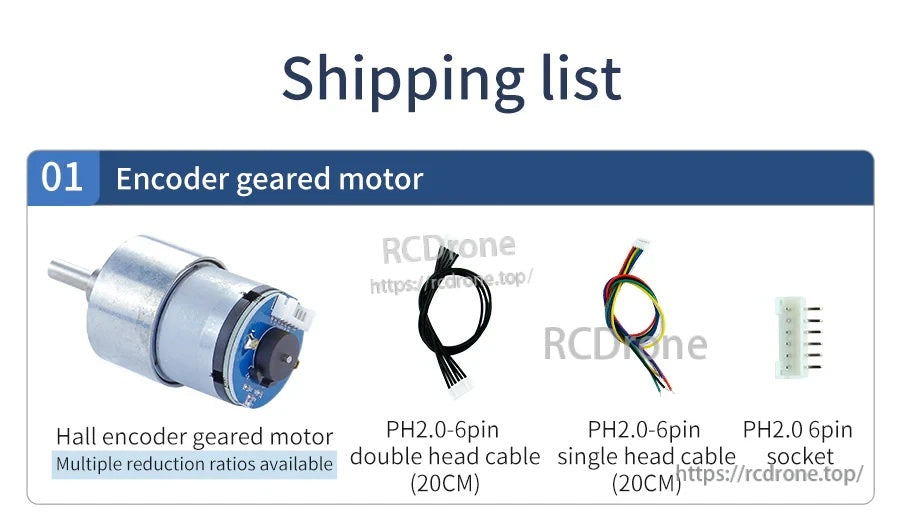 MD520 12V DC encoder geared motor kit with PH2.0 6-pin 20cm cables and matching 6-pin socket